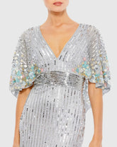 Silver Sequined V Neck Floral Embellished Cape Sleeve Gown